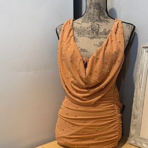 privy Draped Cowl Mini Dress with Pearl Studs in Rust Orange